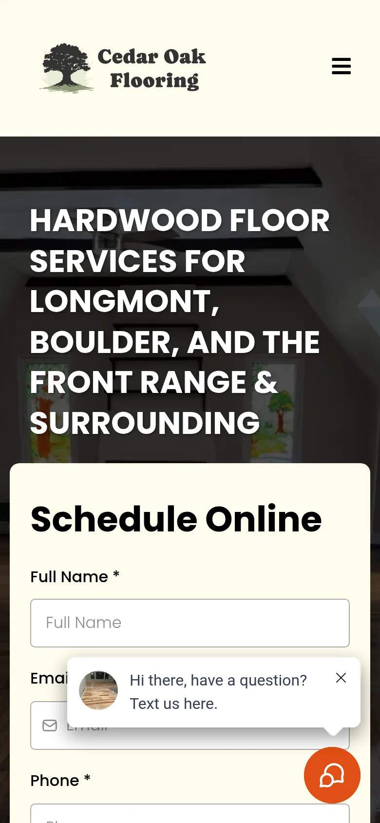 Cedar Oak Flooring website on mobile