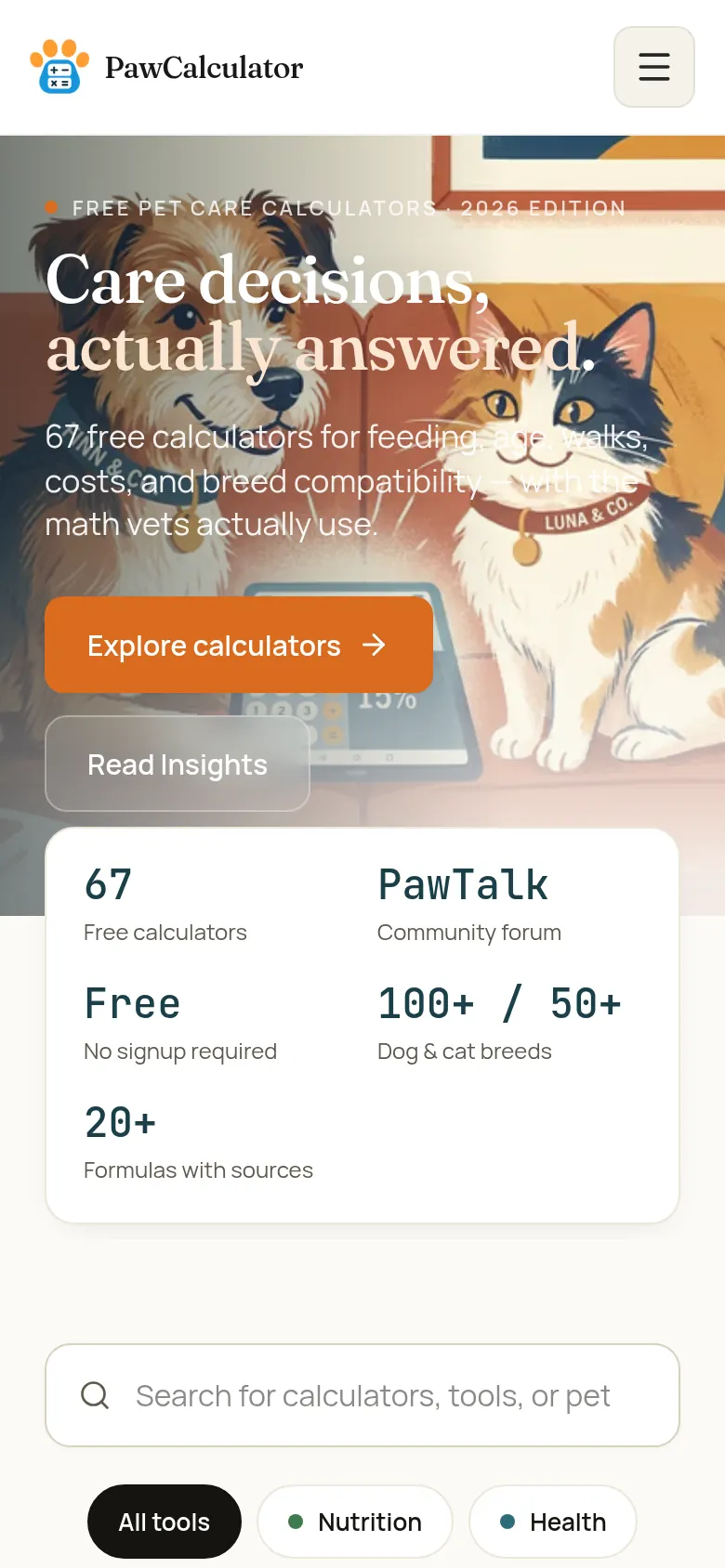 PawCalculator website on mobile