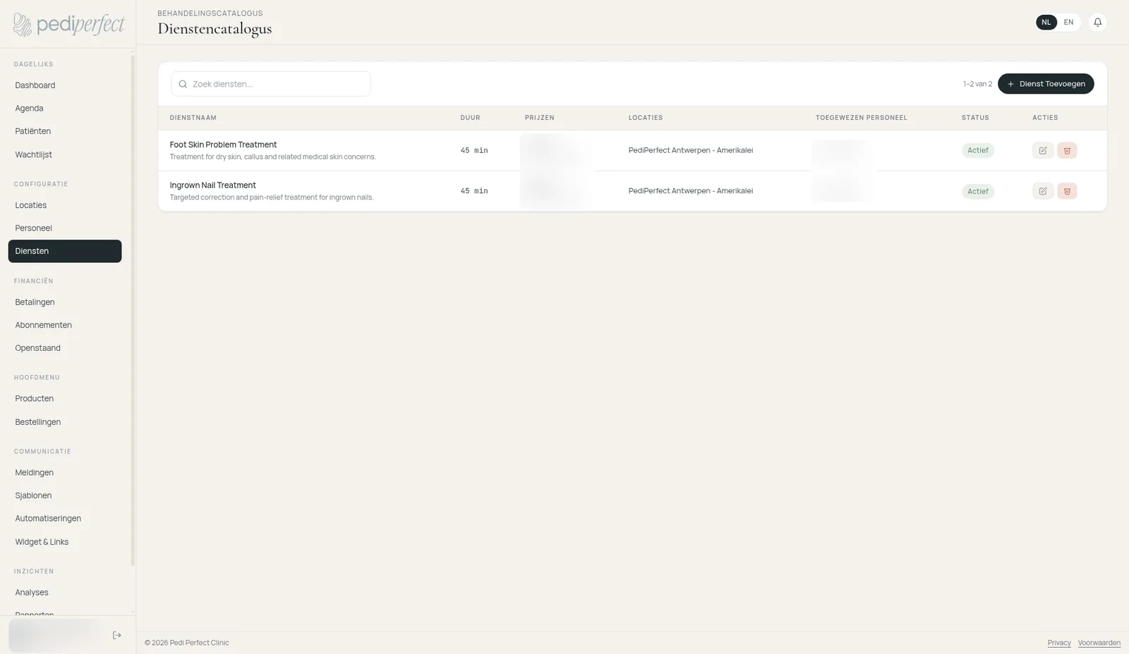 PediPerfect: Services catalogue with duration, locations and staff