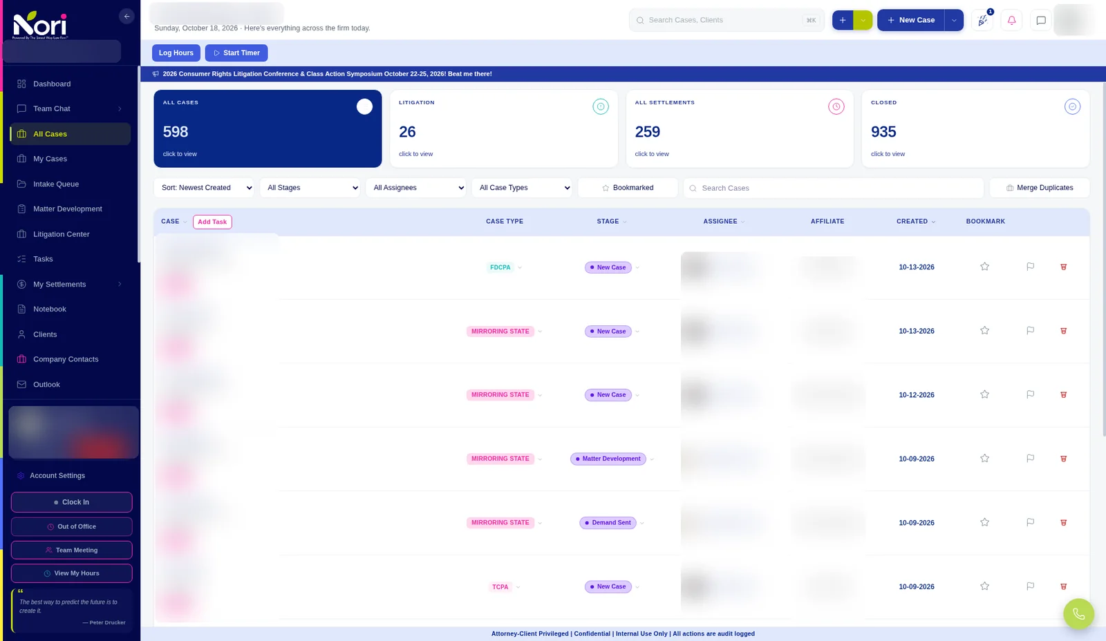 The Sweat Way: All cases, filterable by stage, assignee and case type